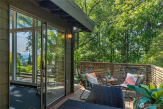 Living deck edged by heritage elm, where leafy canopy creates woodland privacy with glimpses of Puget Sound.
