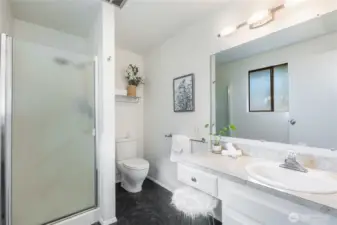 Primary en suite bath with step-in shower and wide vanity, bringing function and light to the home’s private wing.”