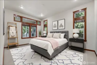 Mother in law bedroom on main level with walk and has it's own 3/4 bathroom. Virtually staged