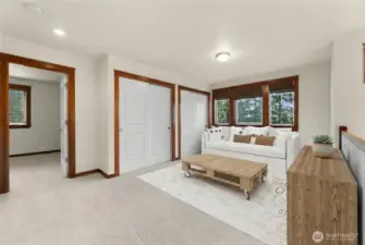 Virtually staged upstairs bonus room with lots of storage