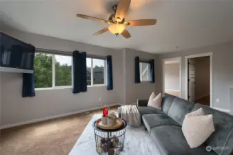 Light filled bonus room has the HD black out shades and dimmable light and fan.