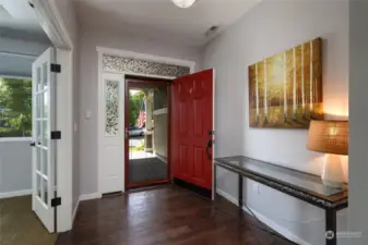 Entry opens onto beautiful hardwoods that flow into study/office with French doors and trayed ceilings.