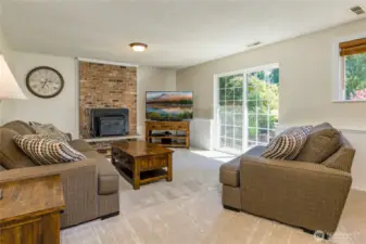 Family room on the lower level has a cozy wood fireplace insert