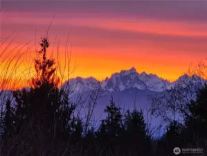 A zoomed view of the Olympic mountains at sunset from the house.