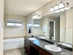 Primary ensuite bathroom with double vanity sink, and great lighting in here!
