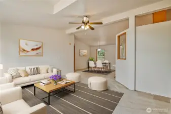 Virtual Staging shows potential living room and dining room layout