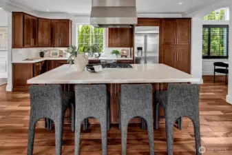 Designer Quartzite stuns in this gorgeous luxury kitchen with an abundance of features! State-of-the-Art appliances for the discerning host including Fisher & Paykel double ovens and dishwasher drawers, 6-burner range with dramatic stainless hood and large single basin sink with retractable brushed nickel faucet and modern hardware elevate this space.