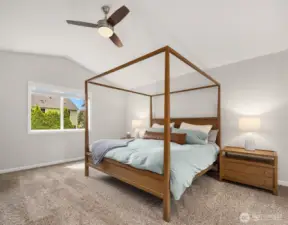 Generous in size is the primary en'suite w/vaulted ceilings, adjacent 5 pc bath and walk-in closet. Backs to the beautiful back yard, so private and peaceful.