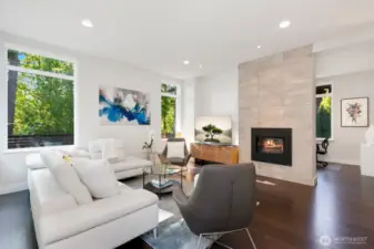 Gorgeous high-ceiling tile fireplace