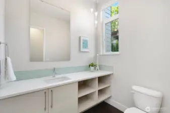 Nice powder room with built-in storage