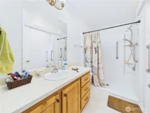 The primary en suite has a walk-in shower and plenty of counterspace for your things.