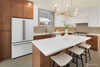 White matte Cafe appliances package. 6-Burner gas range. Gold accents.