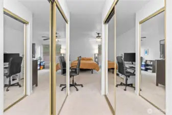 The spacious primary bedroom suite offers ample closet space (both sides of the walk through from bedroom to bath are closets)