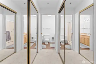 Walls of mirrors create a bright, open feel