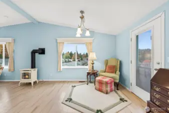 Gas fireplace adds ambiance and warmth.