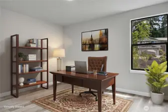 Main floor office with the flexibility to serve as a fourth bedroom. Virtually staged.