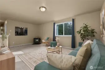 Living space is heated with pellet stove (virtually staged).