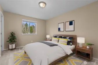 Guest bedroom 1 with Jack-n-Jill bath to right (virtually staged),