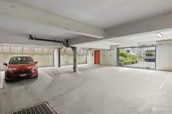 Secure Parking Garage with interior access to building.