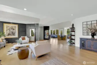 Open concept all updated, coffered ceiling in living room with lots of light