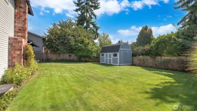 Expansive, fully fenced backyard framed by mature greenery—perfect for play or entertaining.