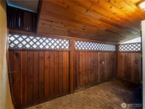 The lean-to shed in the back is a great space to store toys and outdoor furniture. Or make it a potting shed....