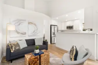 View from rec room toward breakfast bar and brand new kitchen.