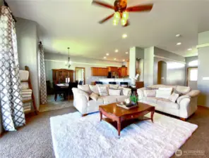 View from the living room to the dining and kitchen