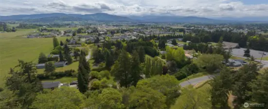 This aerial view showcases the impressive proximity to downtown Sequim and the majestic Olympic mountains nearby, while offering privacy and a connection to nature.