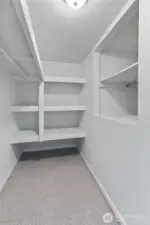 Walk-in closet with shelving for all your storage needs.