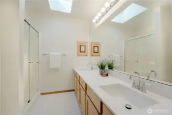 Double sink in this refreshed primary en-suite bathroom