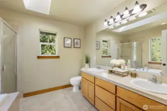 Awesome 5 piece primary bathroom with dual sink vanity & skylight!