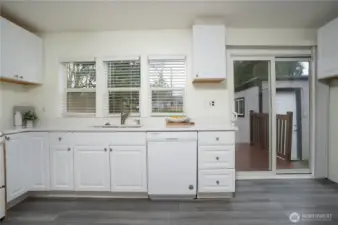 Kitchen with access to backyard deck