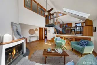 The upstairs primary bedroom and bathroom can be completely closed off to the rest of the rooms by closing the leaded windows and door at the top of the stairs.