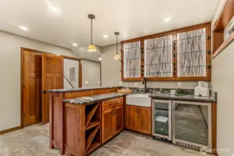 CUSTOM wet bar w/ HIGH END MARVEL ice maker, this shows the wine/ beverage fridge too!