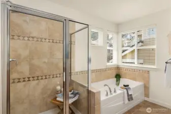So much natural light in this bathroom! Not shown is the separate water closet.