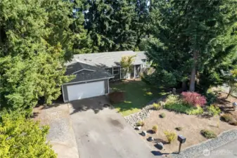 Drone view of front of home.