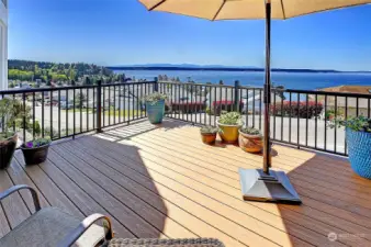 Fabulous view deck! Both decks include "Rain Escape" rain diversion systems. Stay dry below~ especially while enjoying the hot tub below (even if it rains)! Btw, We get WAY less rain on Camano than most surrounding areas!