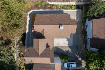 An aerial view of the home showing the exterior spaces.