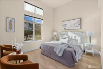 Primary bedroom is really large and has ultra high vaulted ceilings. Being upstairs is so nice to have your personal level away from your guests.