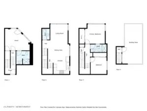 Floor plan for the entire townhouse including both commercial and living spaces.  There is an additional mechanical room behind the first-floor bath that is not shown in the configuration but belongs to the townhouse.