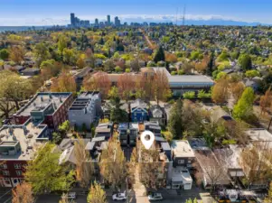 Drone shot of proximity of Downtown from the Townhouse in Madrona