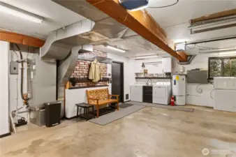 Attached garage space with laundry and storage room.