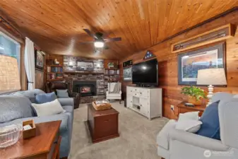 Cozy bonus room with a wood stove.