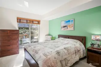 Large secondary bedroom with Slider leading to front patio. Notice the upgraded wood blinds.