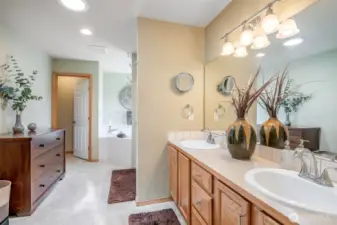 Primary Bedroom has Vaulted Ceilings, nice window for letting in the daylight, a huge walk in closet, 5 piece bath + large vanity.