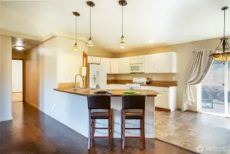 Closer view of the kitchen.