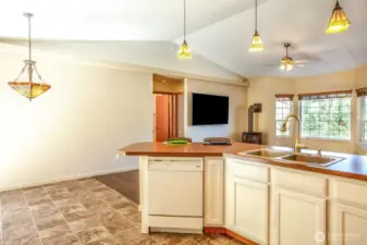 Now you see the stainless steel double sink and the dishwasher--notice you can still see the giant TV while doing dishes at the sink or loading them into the dishwasher!