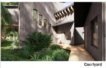 Schematic showing planned yard design and part of the home for visual reference