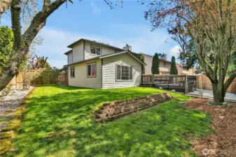 The backyard has a newly built fence and the landscaping has been spruced up.